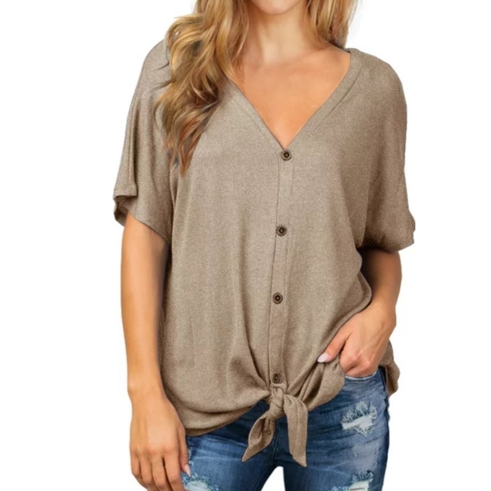 JWD Waffle Knit Tie Front Henley Top Khaki Size XL